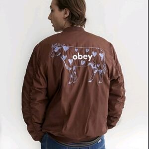 OBEY Runaway Bomber Jacket Men's Size Small Brown Satin Embroidered Cow Zip Up
